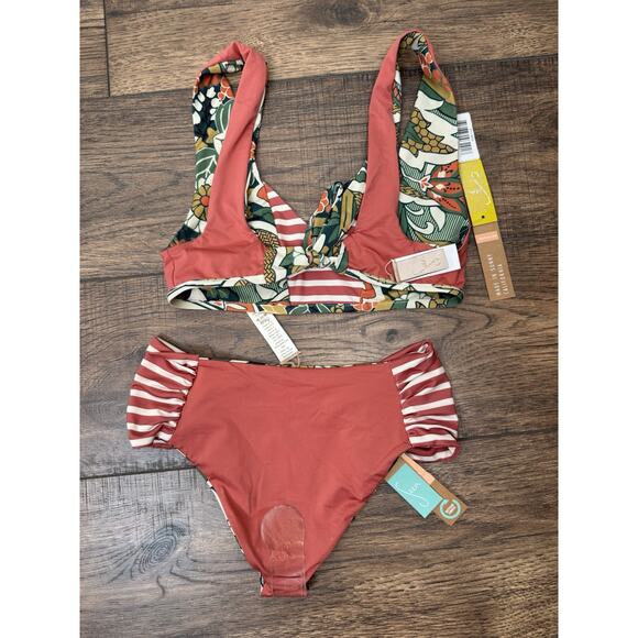Seea Milos Reversible Bikini Top & Bottom 2 Piece Swimsuit Floral Stripped S NWT - Picture 8 of 8